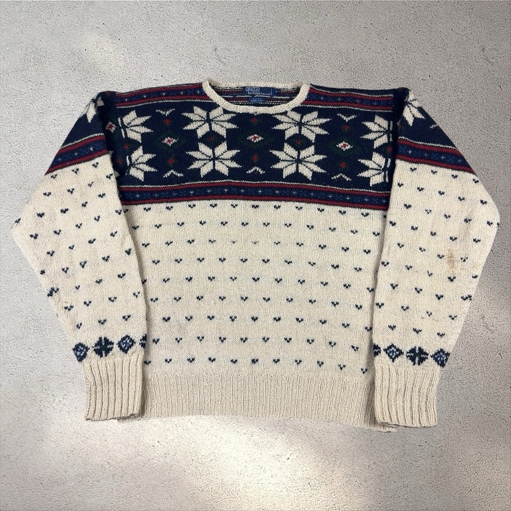 Vintage Polo Ralph Lauren Nordic Wool Sweater Mens Large Hand Knit Fair Isle 90s